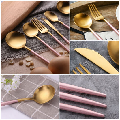 Close-ups of the pink and gold flatware: spoon, fork, knife edge and handles