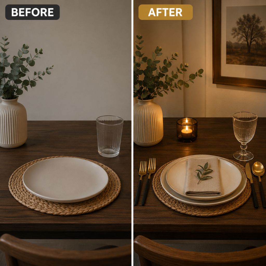A plain table setting before and the same table set with the gold flatware after