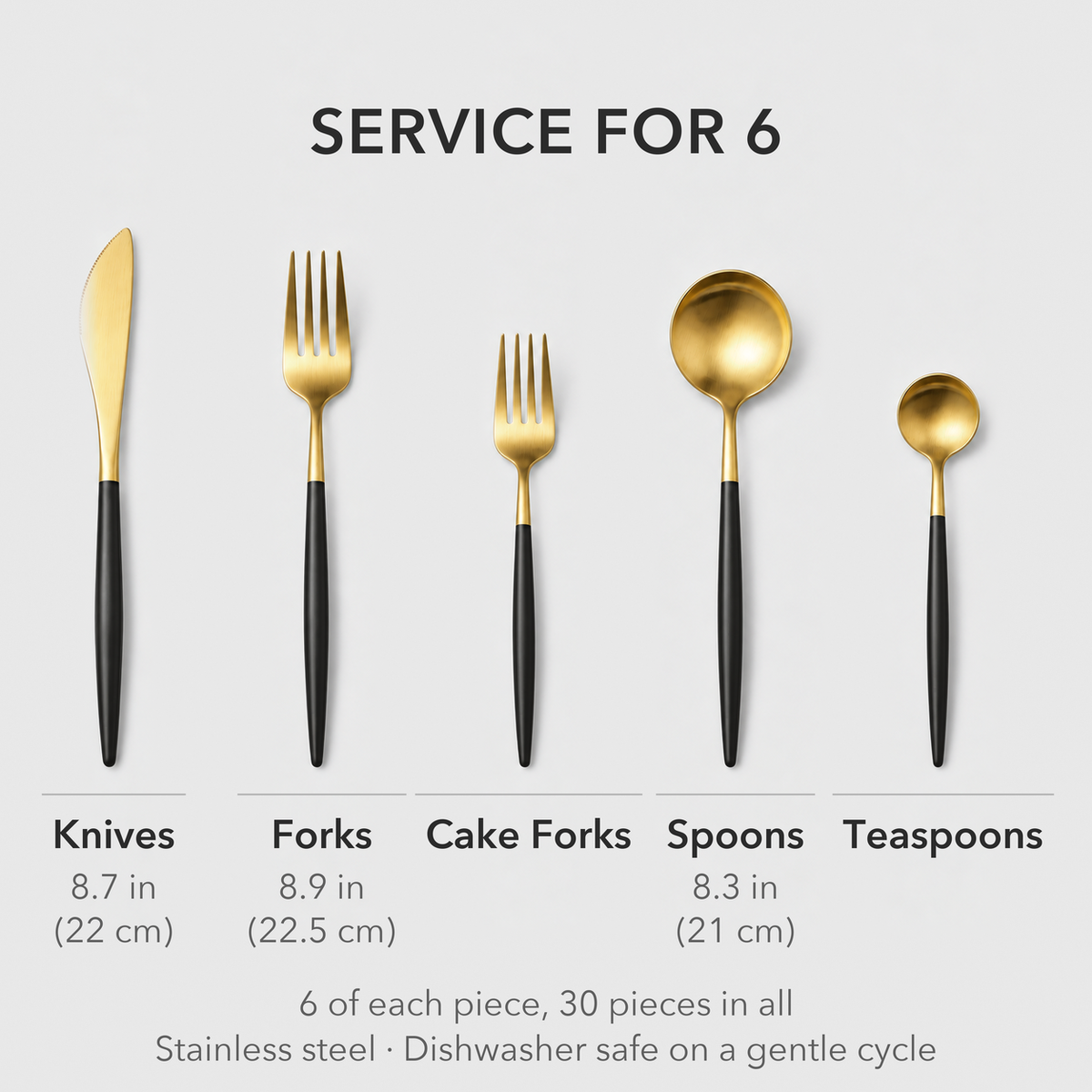 Service for 6: 6 knives, 6 forks, 6 cake forks, 6 spoons and 6 teaspoons