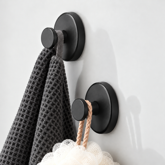 Two black suction hooks seen from the side, a charcoal waffle cloth on the upper one and a white loofah on its cord on the lower one