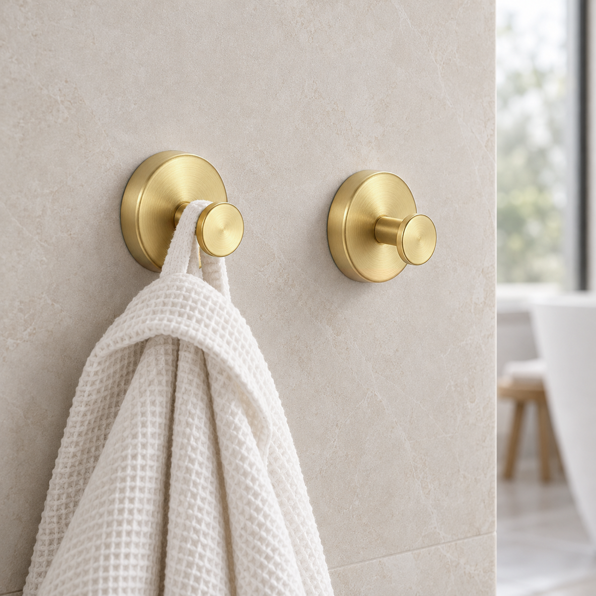 Two brushed gold suction cup hooks on a cream tiled bathroom wall, one holding a white robe