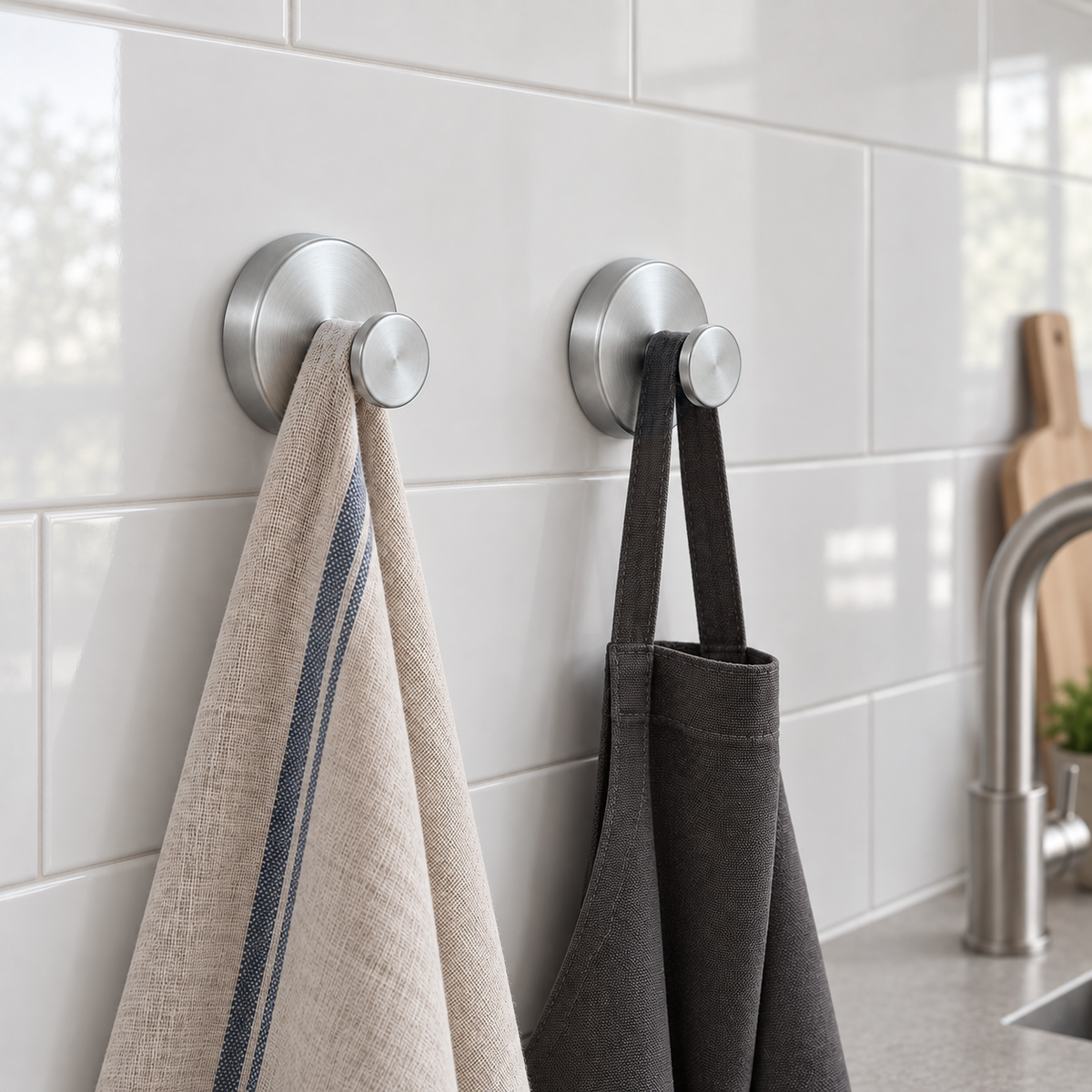Two brushed silver suction cup hooks on a white kitchen backsplash holding a tea towel and an apron