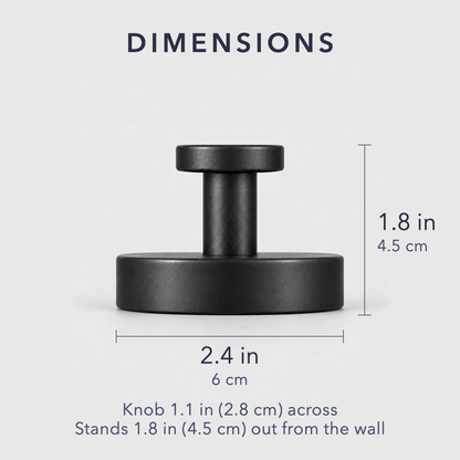 Dimensions of the suction wall hook: a 2.4 inch plate standing 1.8 inches out from the wall, with a 1.1 inch knob
