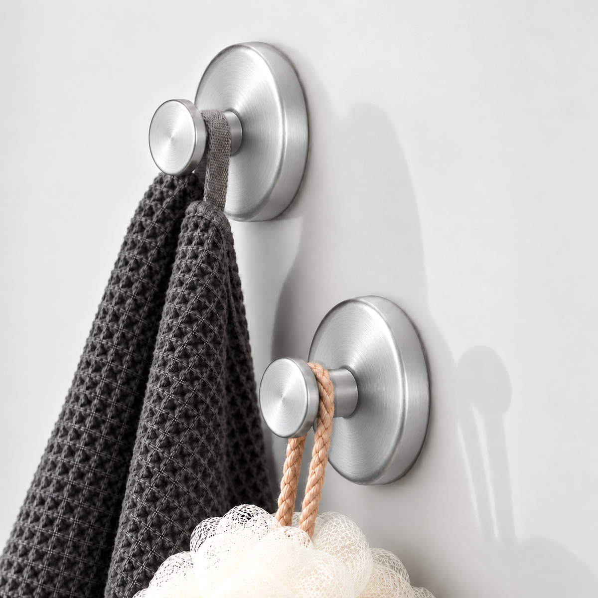 Two brushed silver suction hooks seen from the side, a charcoal waffle cloth on the upper one and a white loofah on its cord on the lower one