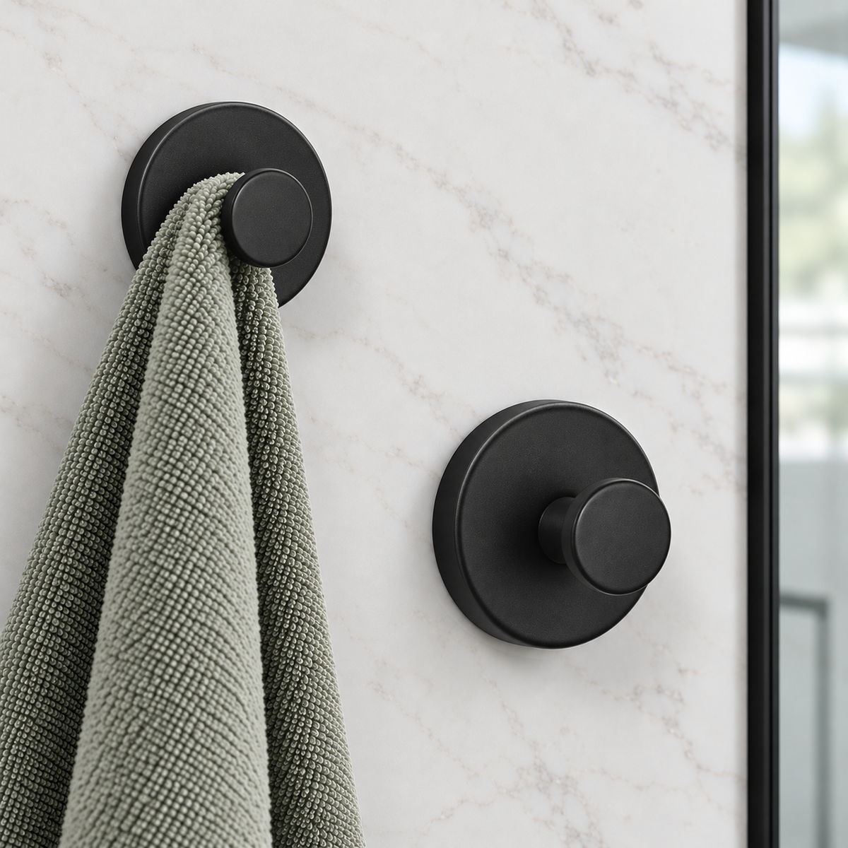 Black suction hooks on a marble shower wall, a sage towel on one and the other bare