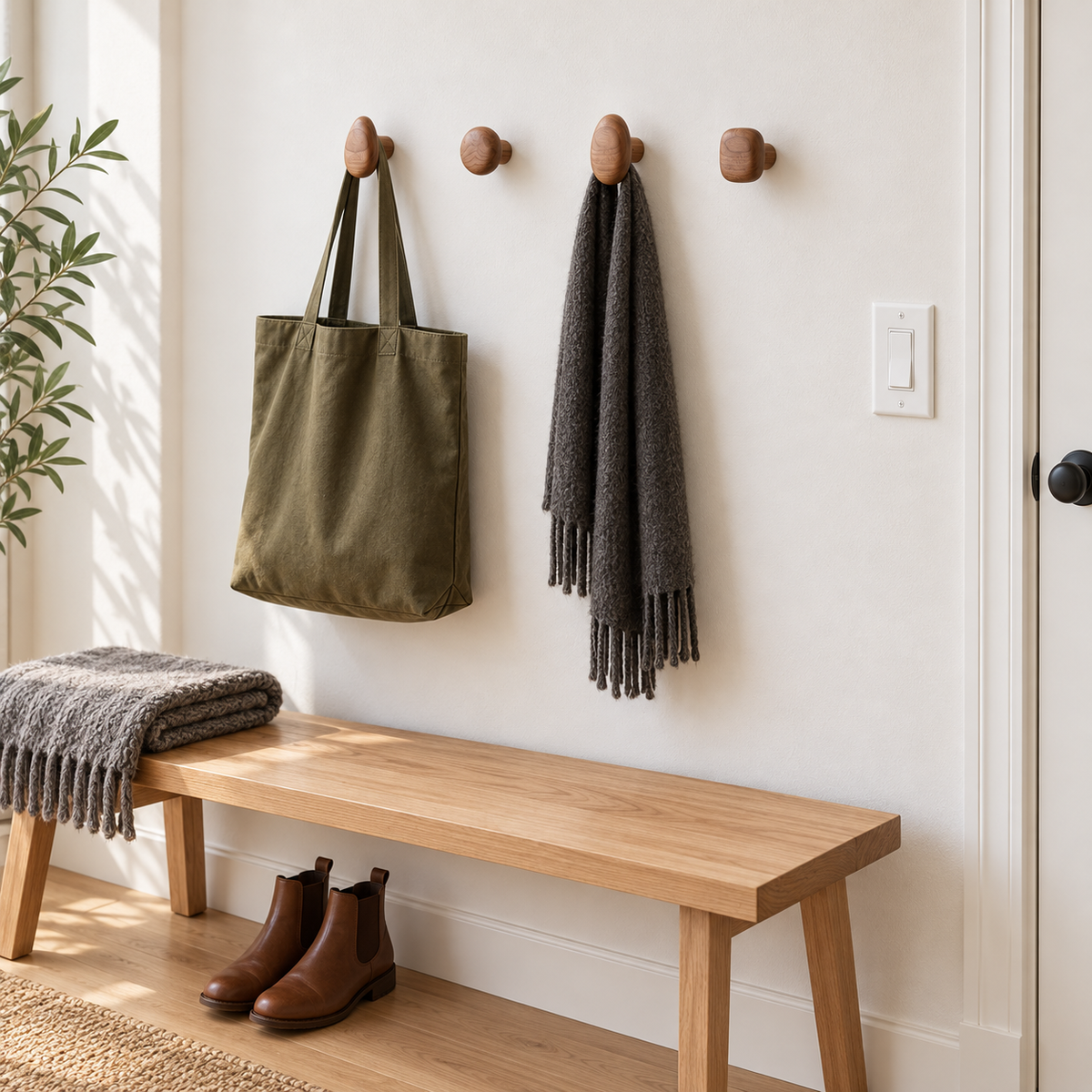Walnut pebble wall hooks in a row above an entryway bench holding a canvas tote and a wool scarf