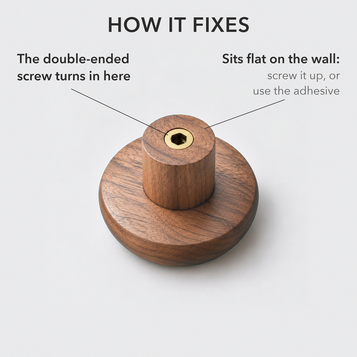 Back of a walnut pebble wall hook showing the threaded insert in the end of the post, text reading how it fixes