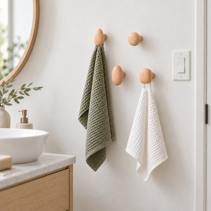 Beech pebble wall hooks in a two by two grid beside a bathroom basin holding a hand towel and a face cloth