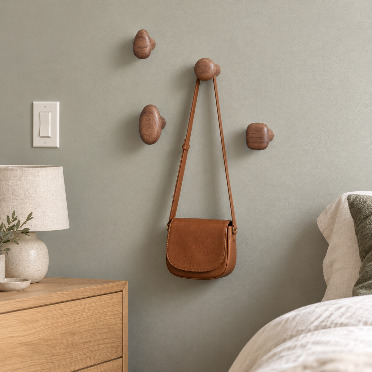 Walnut pebble wall hooks scattered at different heights on a sage bedroom wall with a leather bag on one