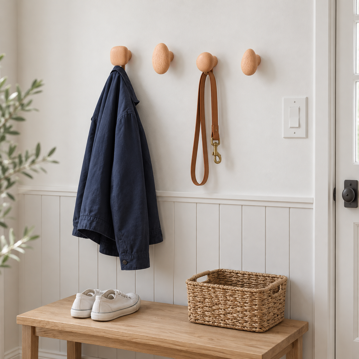 Beech pebble wall hooks in a row by a back door holding a navy jacket and a leather dog leash