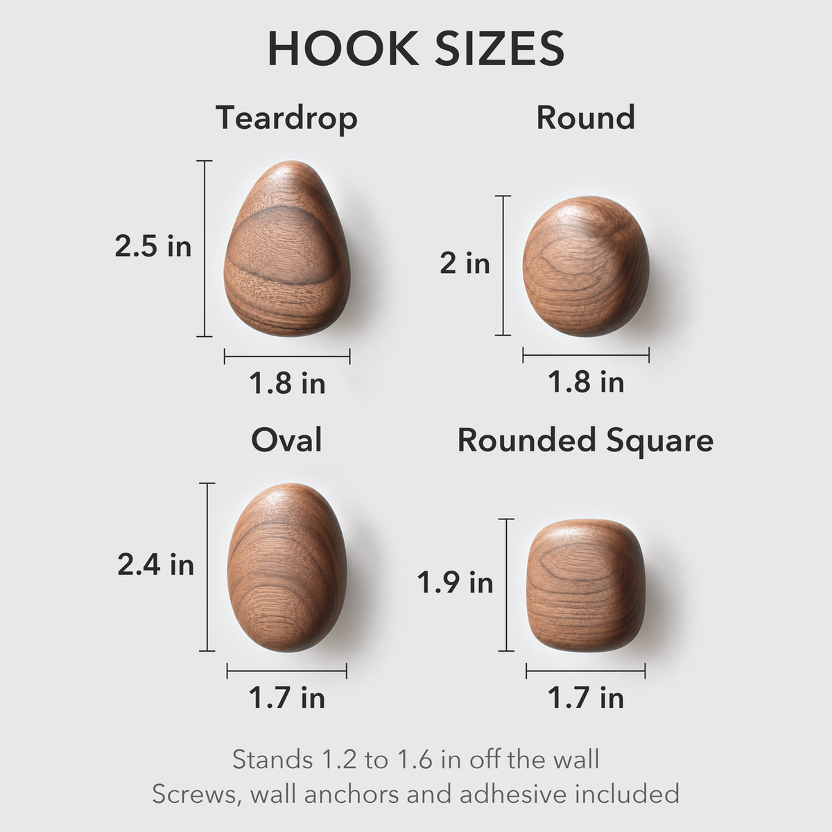 The four pebble wall hooks, teardrop, round, oval and rounded square, with height and width lines in inches