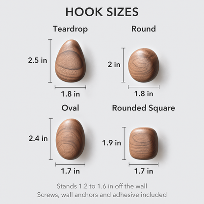 The four pebble wall hooks, teardrop, round, oval and rounded square, with height and width lines in inches