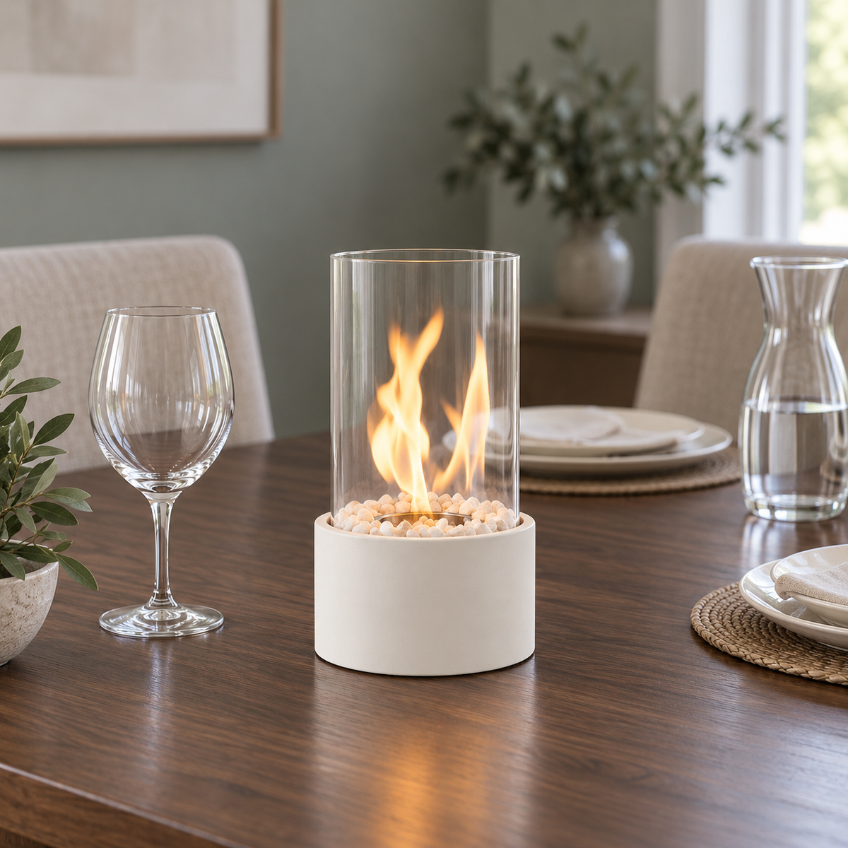White tabletop fire pit with a real flame on a dark walnut dining table in daylight