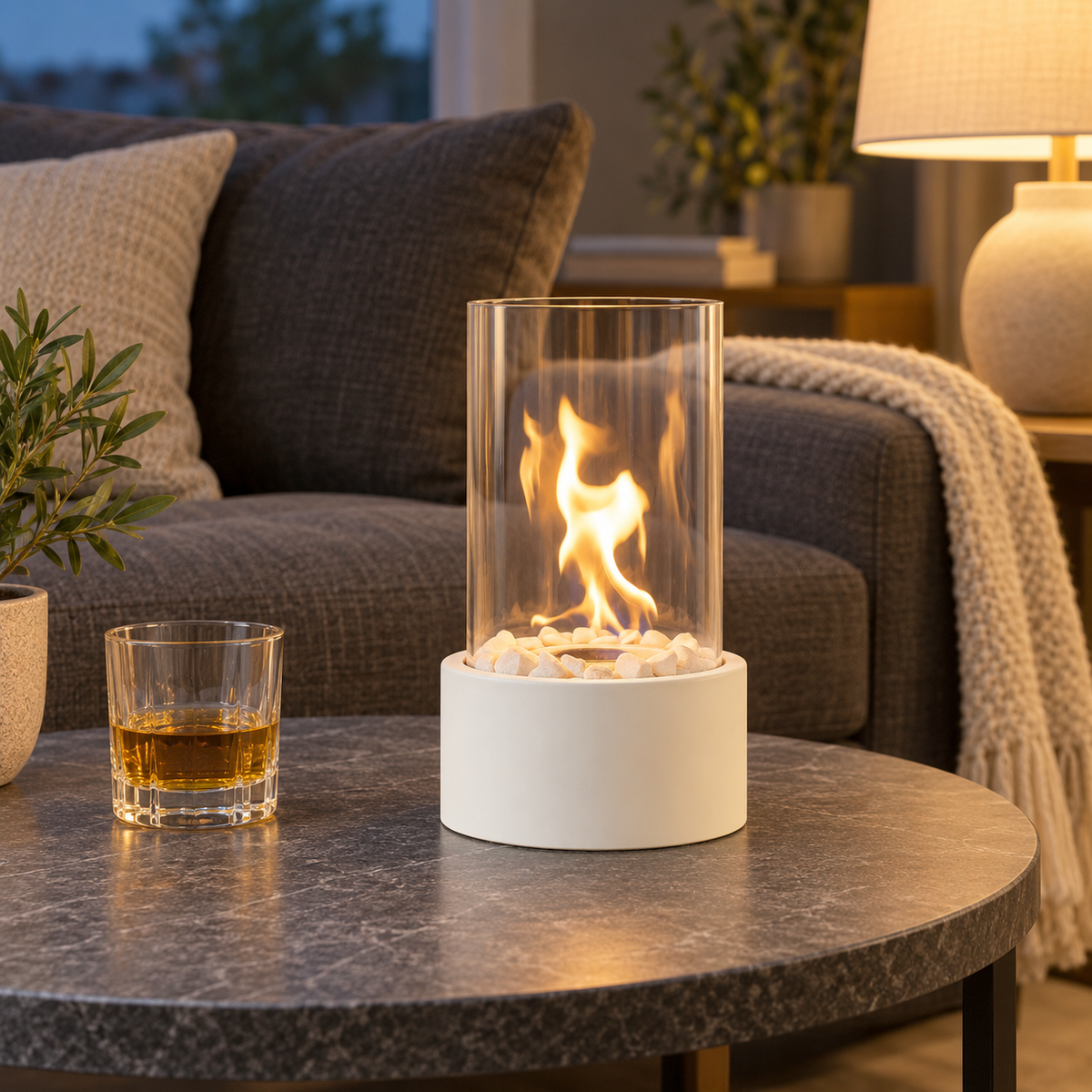 White tabletop fire pit glowing on a slate side table beside a linen sofa in the evening