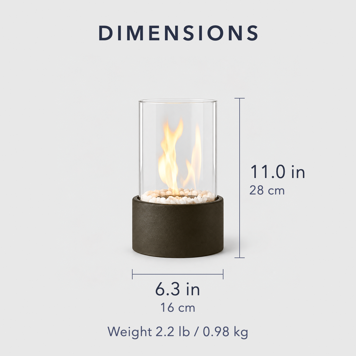 Tabletop fire pit dimensions: 11.0 in (28 cm) tall and 6.3 in (16 cm) across, weight 2.2 lb (0.98 kg)