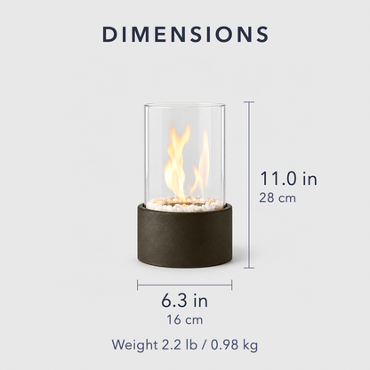 Tabletop fire pit dimensions: 11.0 in (28 cm) tall and 6.3 in (16 cm) across, weight 2.2 lb (0.98 kg)
