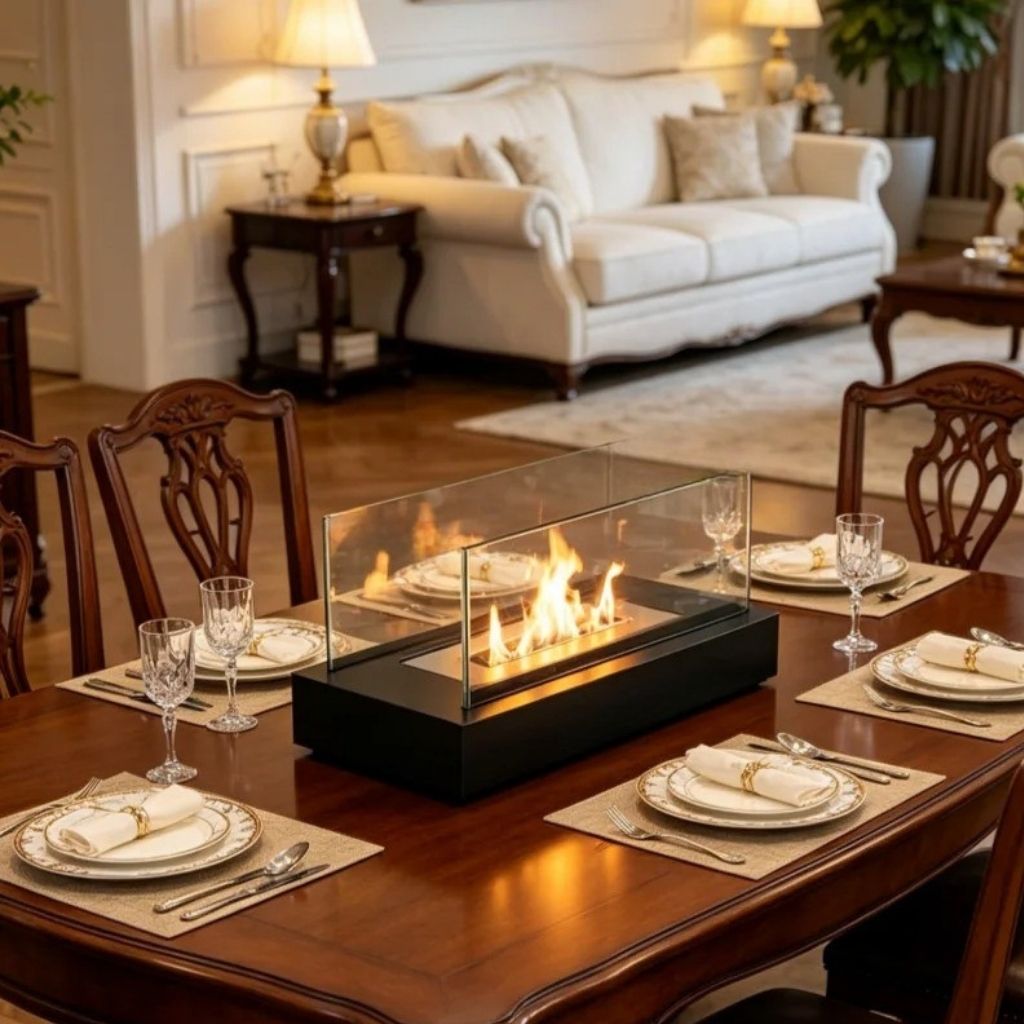 Lit tabletop fire pit in the center of a set dining table with plates, napkins and wine glasses, a cream sofa behind