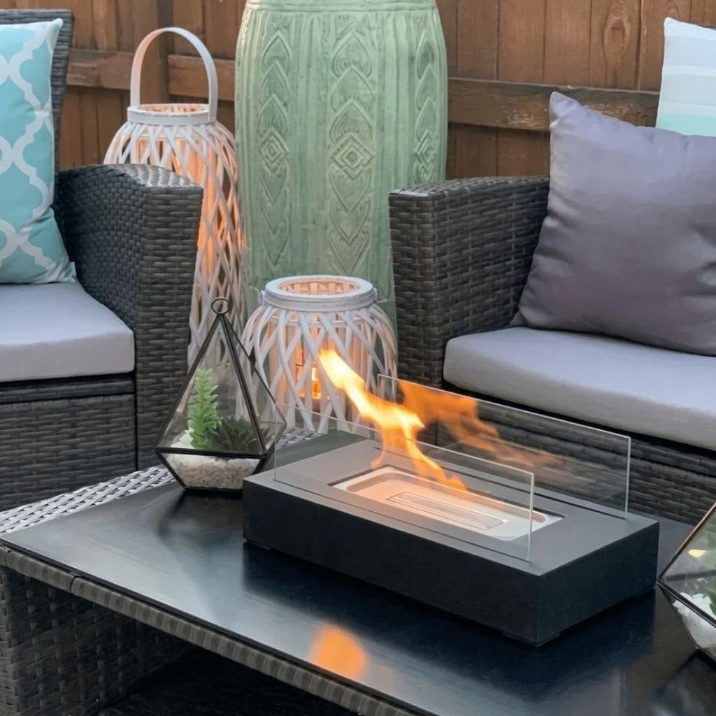 Lit tabletop fire pit on a black patio table between wicker sofas, with lanterns and a small terrarium behind