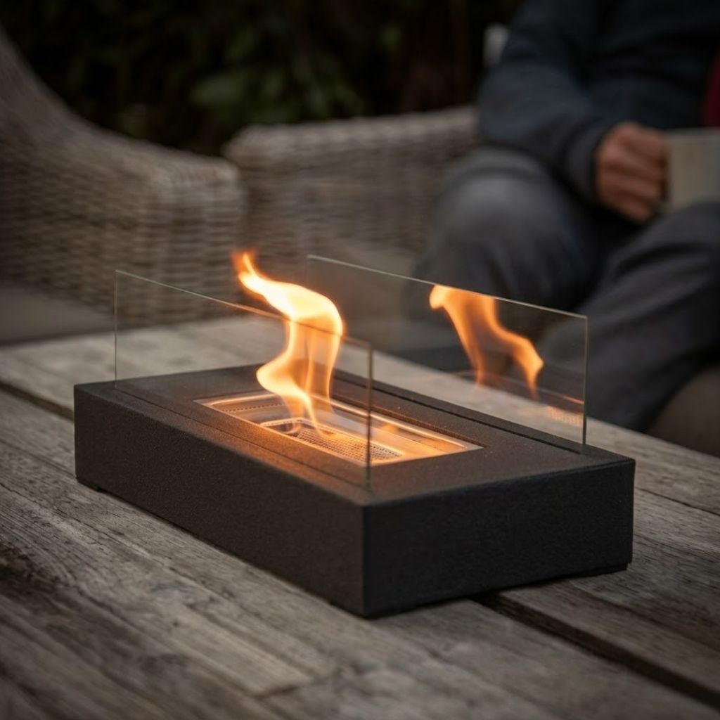 Lit tabletop fire pit on a weathered wooden patio table, with a person in a wicker chair holding a mug behind it