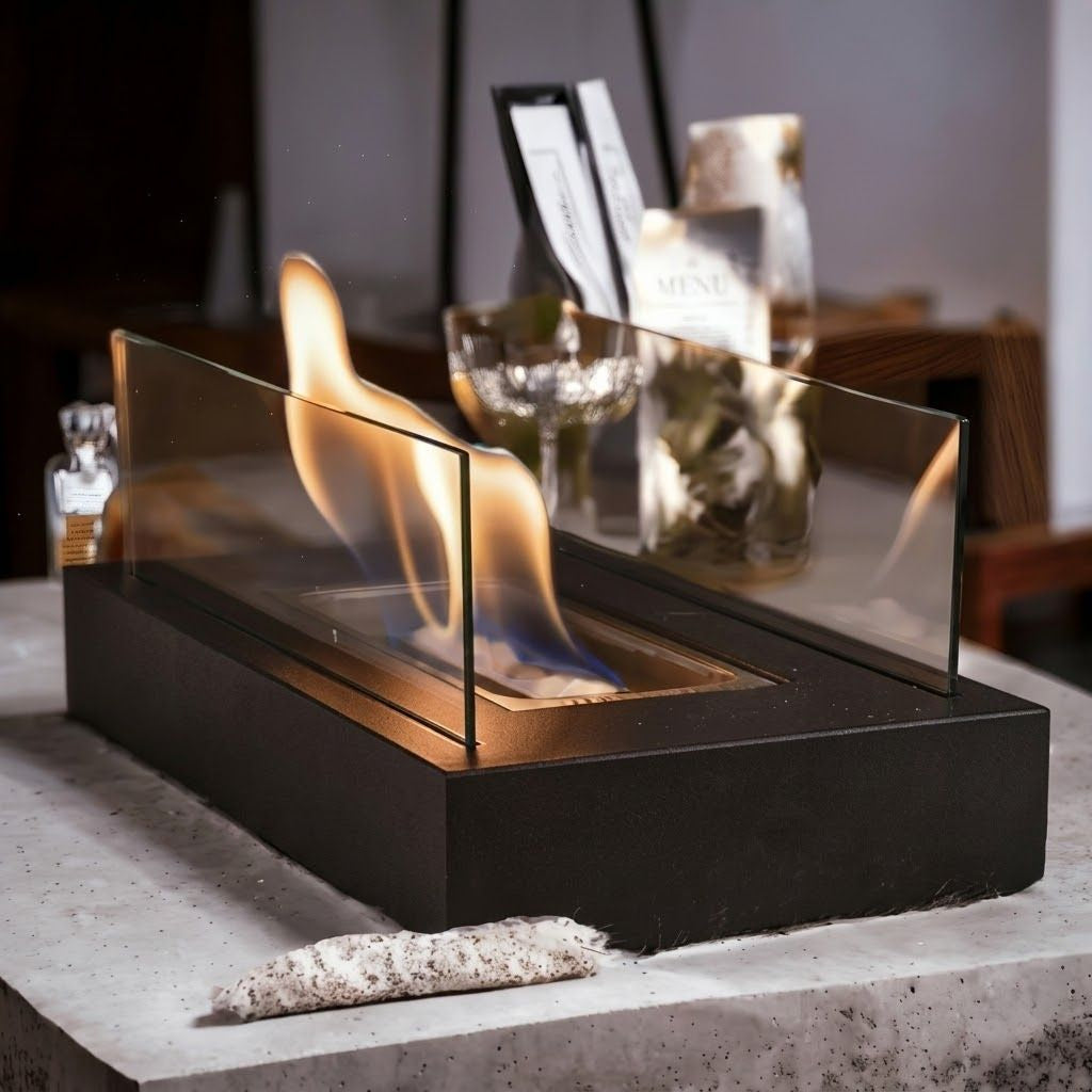Lit tabletop fire pit on a stone bench in a restaurant setting, flames rising between its glass panels