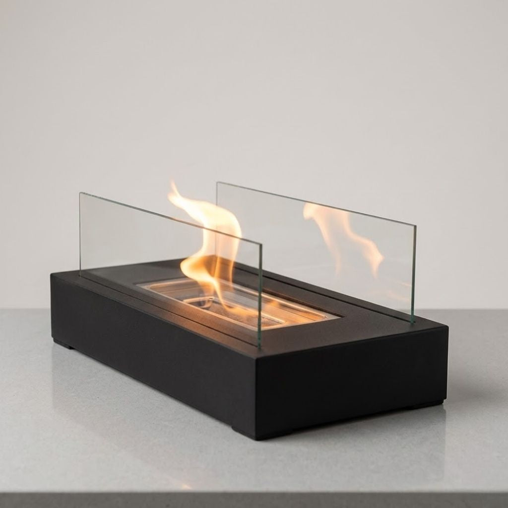 Lit tabletop fire pit on a pale gray counter against a plain wall