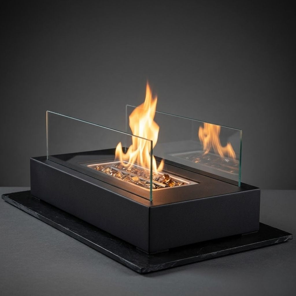 Lit tabletop fire pit standing on a black slate against a dark gray background