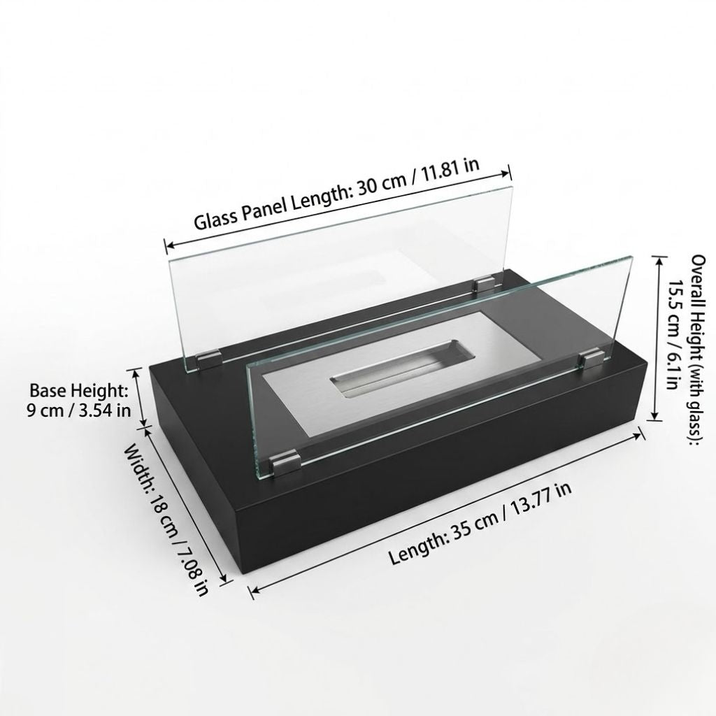 Dimension drawing of the fire pit showing the 35 cm base length, 18 cm width, 9 cm base height, 30 cm glass panels and 15.5 cm overall height