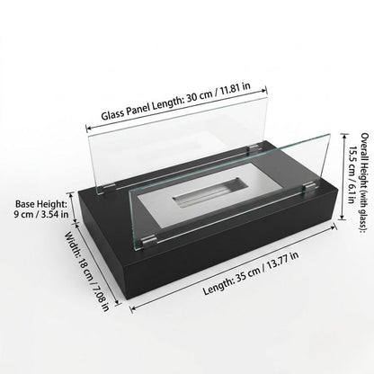Dimension drawing of the fire pit showing the 35 cm base length, 18 cm width, 9 cm base height, 30 cm glass panels and 15.5 cm overall height
