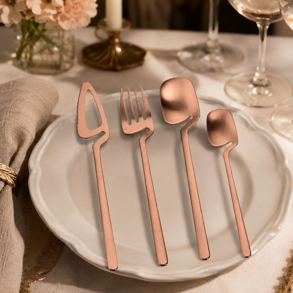 Rose gold flatware set on a scalloped white plate on a dinner table with a candle and roses