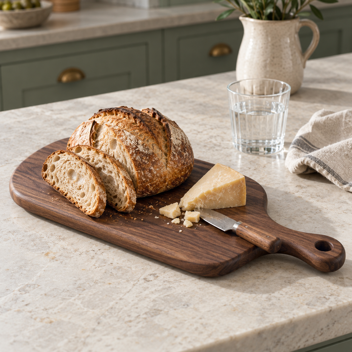 Small black walnut paddle board with a sourdough loaf and a wedge of cheese on a pale stone kitchen island