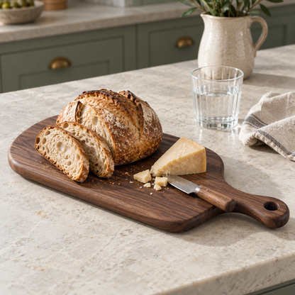 Small black walnut paddle board with a sourdough loaf and a wedge of cheese on a pale stone kitchen island