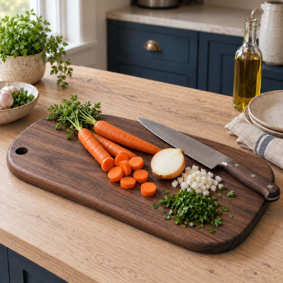 Large black walnut cutting board with sliced carrots, diced onion, chopped parsley and a chef's knife on an oak kitchen counter