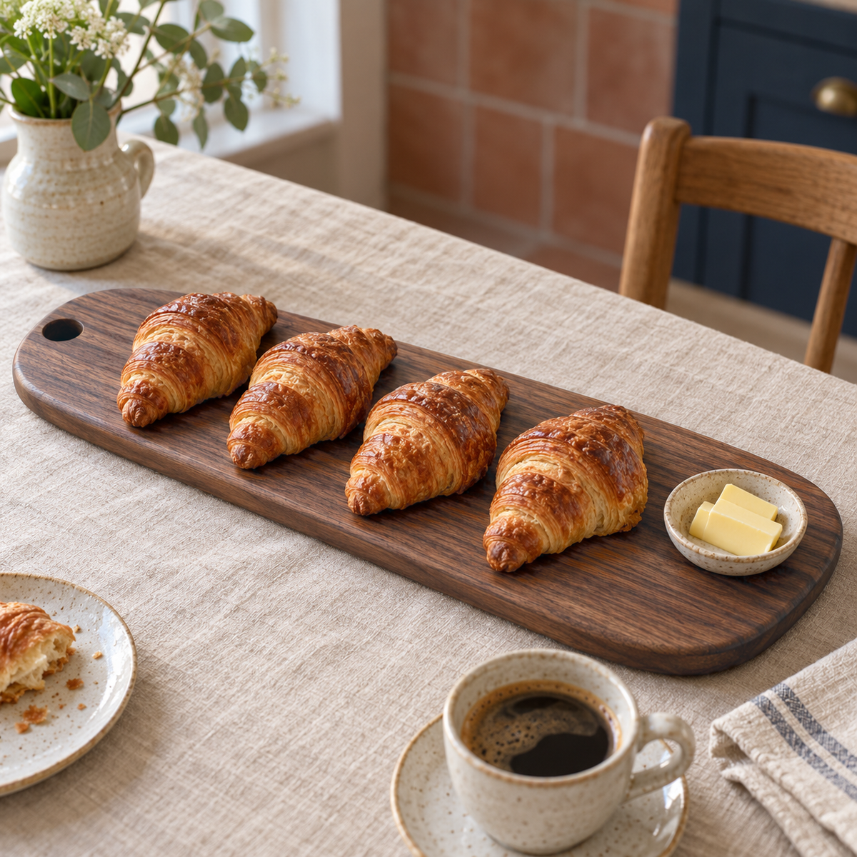 Long narrow black walnut board carrying a row of croissants on a breakfast table