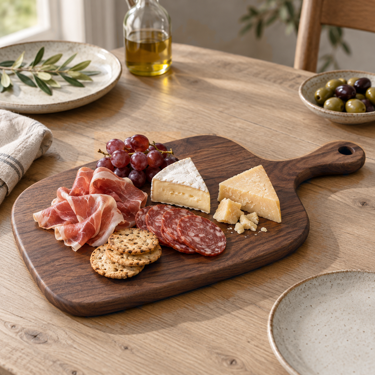 Large black walnut paddle board with cured ham, salami, cheese, grapes and crackers on a dining table