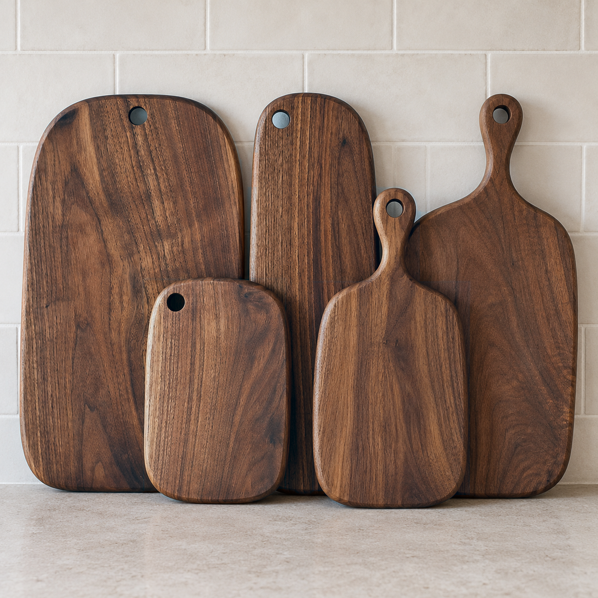 All five black walnut boards, two paddles and three plain boards, leaning against a kitchen backsplash