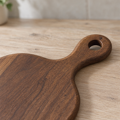 Close-up of the black walnut paddle handle with its hang hole and rounded edge