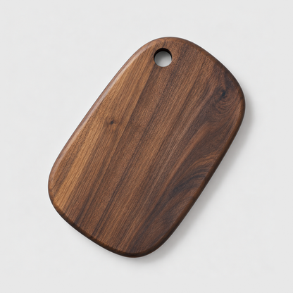 Small black walnut cutting board with a hang hole on a light gray background