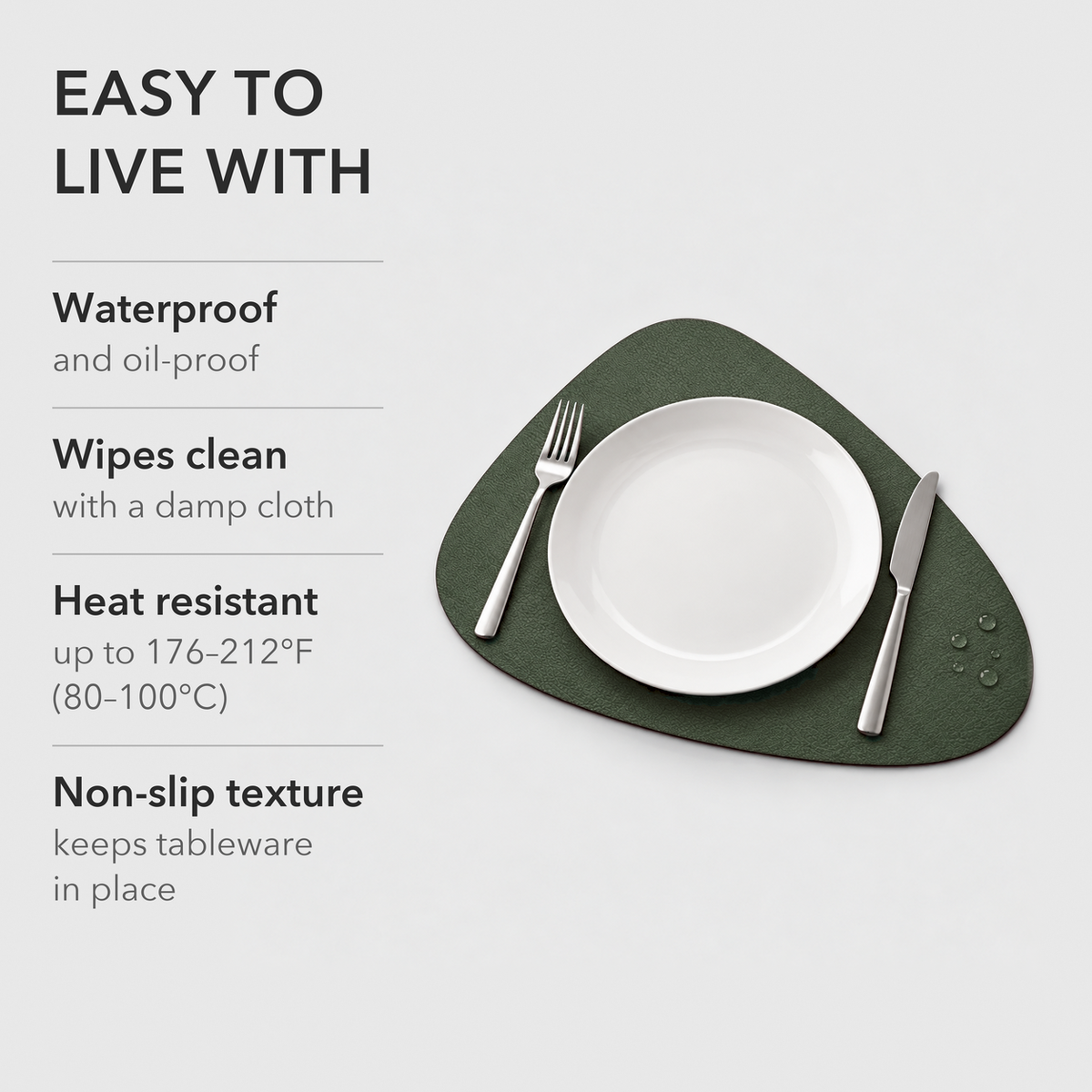 A Gray and Green placemat with a dinner plate, listing waterproof, oil-proof, wipe clean, heat resistant up to 176 to 212°F and non-slip texture