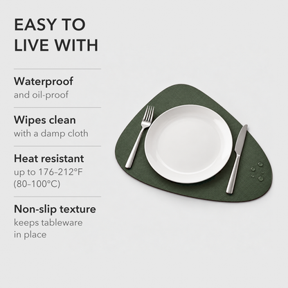 A Gray and Green placemat with a dinner plate, listing waterproof, oil-proof, wipe clean, heat resistant up to 176 to 212°F and non-slip texture