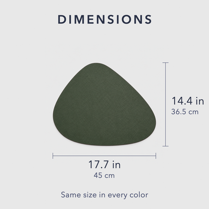 Dimensions of the pebble-shaped placemat: 17.7 inches wide and 14.4 inches tall