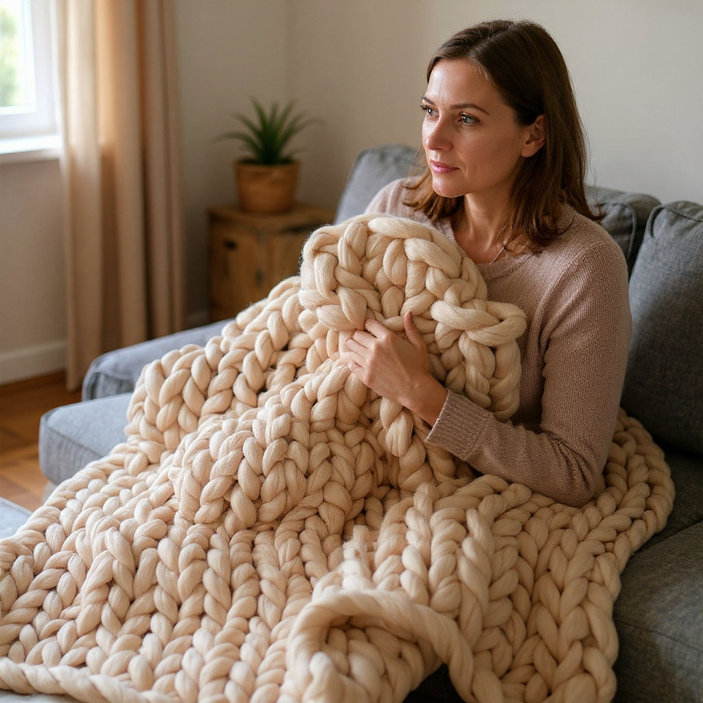Woman on a gray sofa with a beige chunky knit throw gathered across her lap