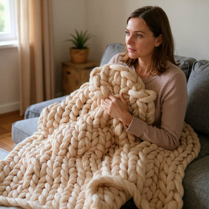 Woman on a gray sofa with a beige chunky knit throw gathered across her lap