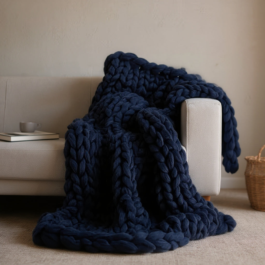Navy chunky knit throw draped over the arm of a cream sofa and pooling on the rug