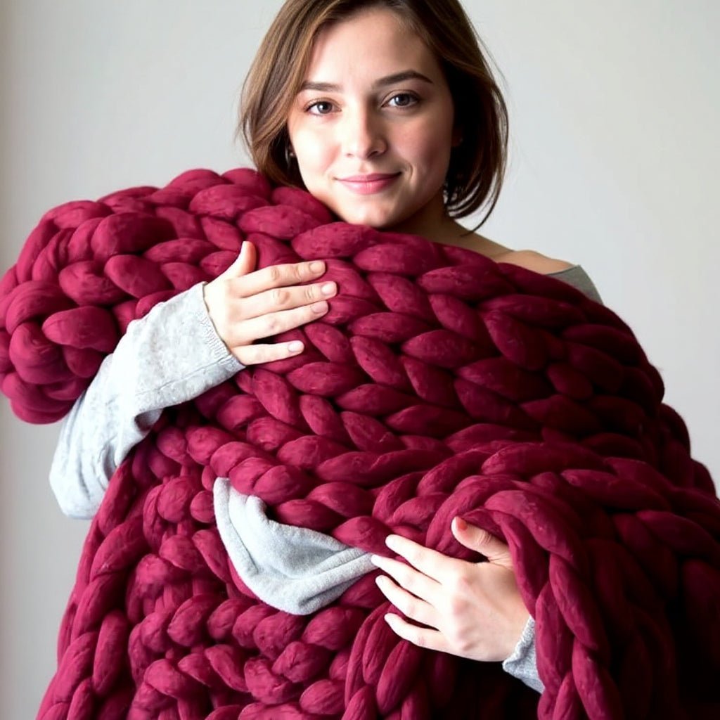 Smiling woman hugging a burgundy chunky knit throw to her chest, the deep wine-red loops wrapped around her arms
