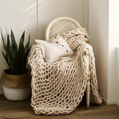 Beige chunky chenille throw draped over a white wooden chair with a linen cushion, beside a snake plant in a woven basket