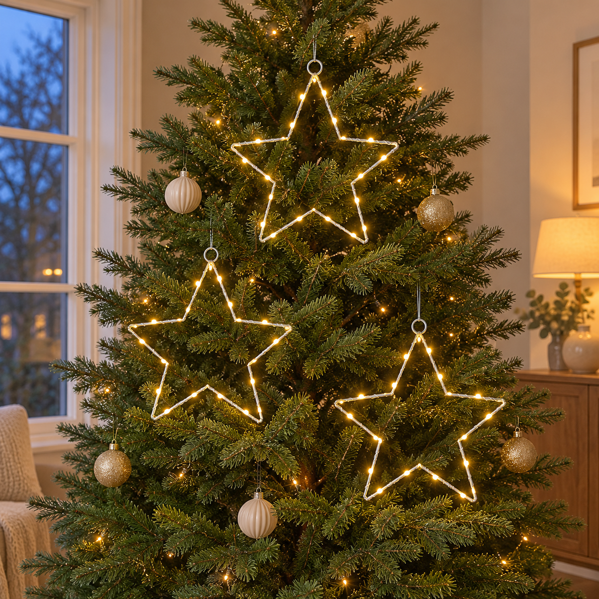Three LED star lights hung among the branches of a Christmas tree in the evening