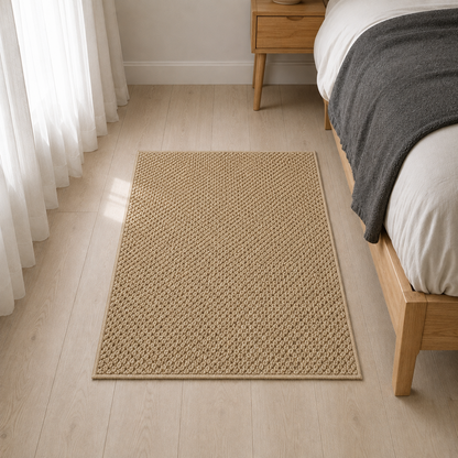 Beige loop pile doormat on pale floorboards beside a light oak bed frame in a bedroom in morning daylight
