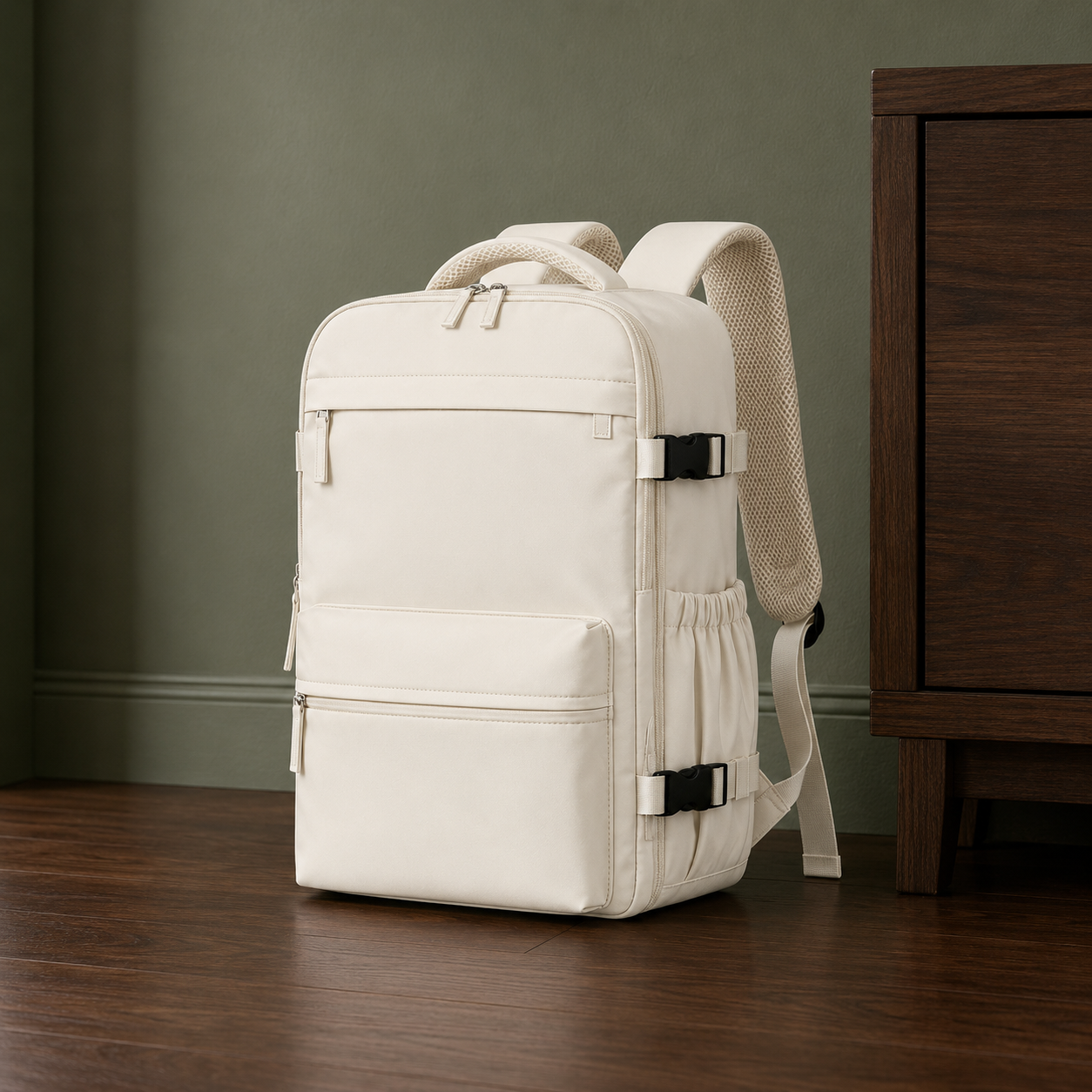 Cream beige laptop backpack on a wooden floor beside a sideboard in a living room