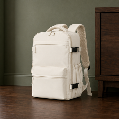 Cream beige laptop backpack on a wooden floor beside a sideboard in a living room