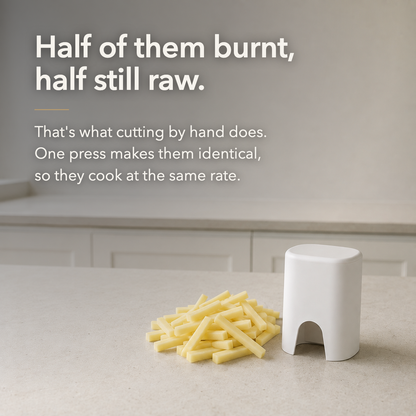 A pile of evenly cut raw fries beside the cutter, captioned Half of them burnt, half still raw